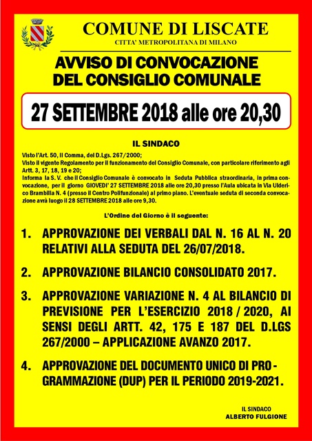 manifesto convocazione consigli ocomunale 27 settembre ordine del giorno